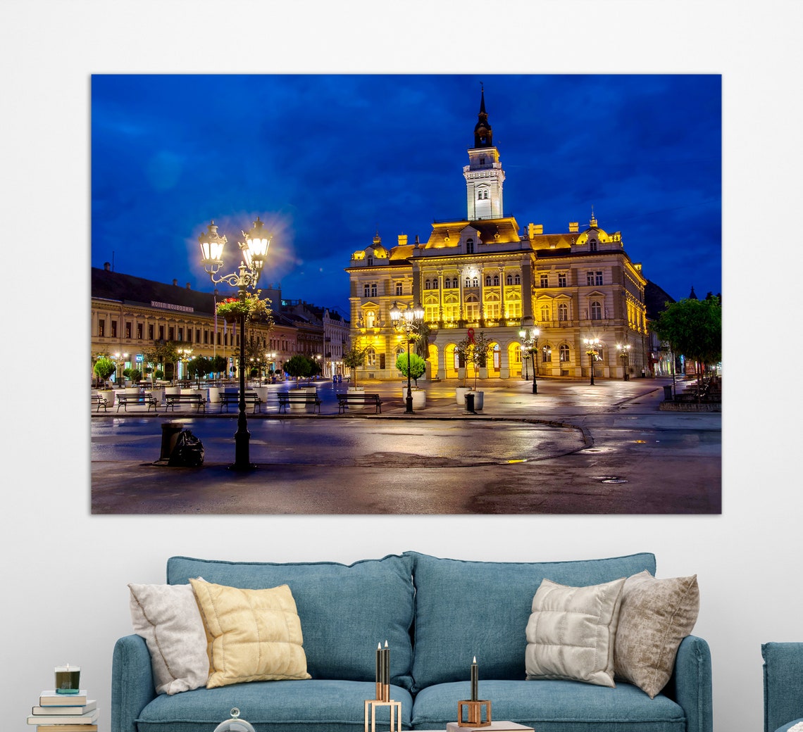 Novi Sad Serbia City Hall Night Lights Historic Square Travel Poster