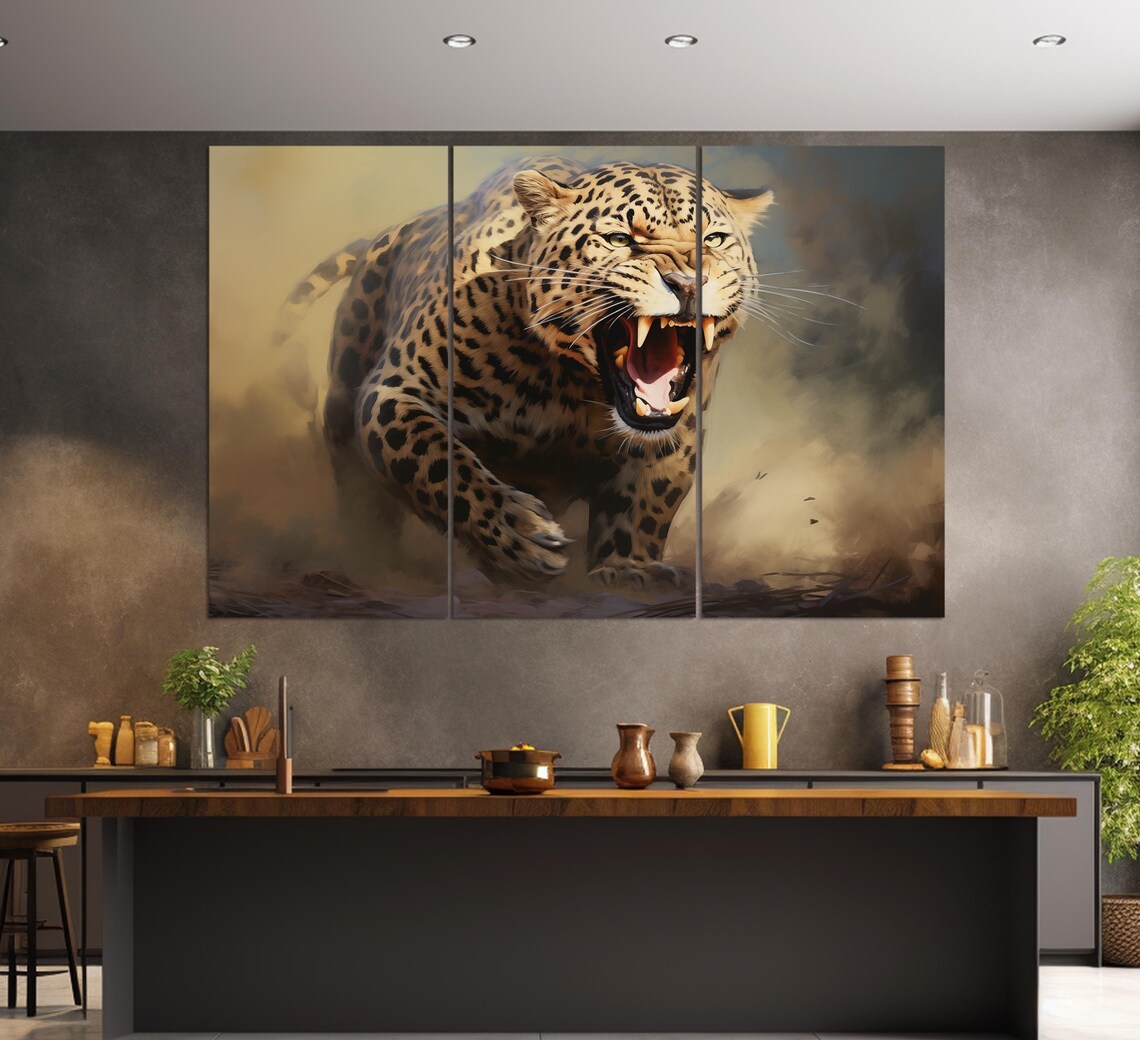 Roaring Leopard Lunging Golden Dust Dramatic Big Cat Wildlife Art Poster - Image 3