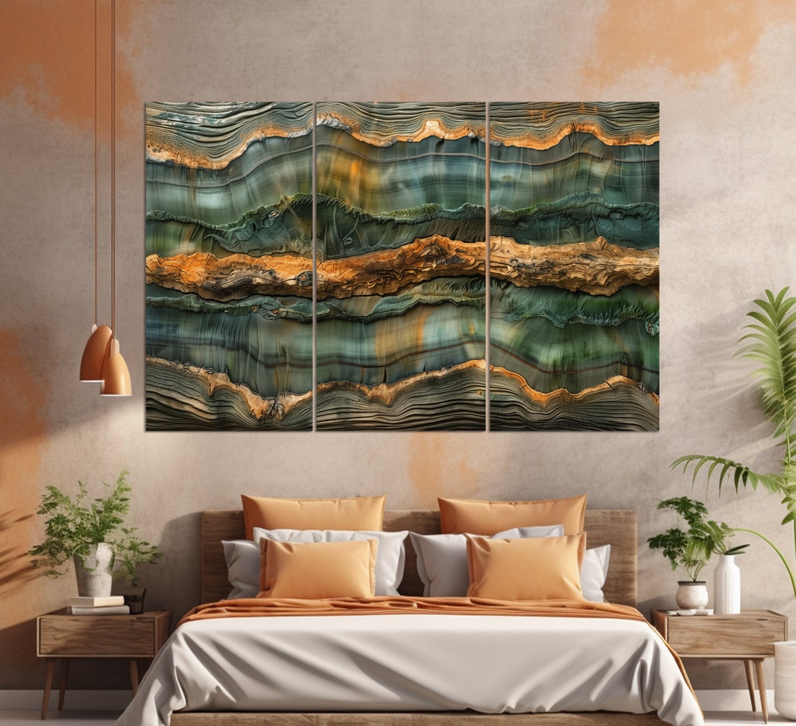 Luxury Abstract Agate Stone Bands Teal Amber Gold Modern Wall Art - Image 4