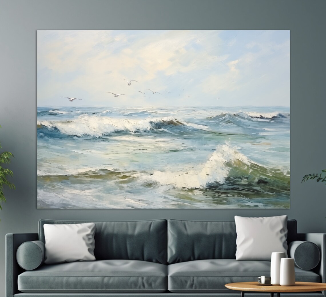 Birds Over Sea, Gentle Tones Ocean Wall Art Print