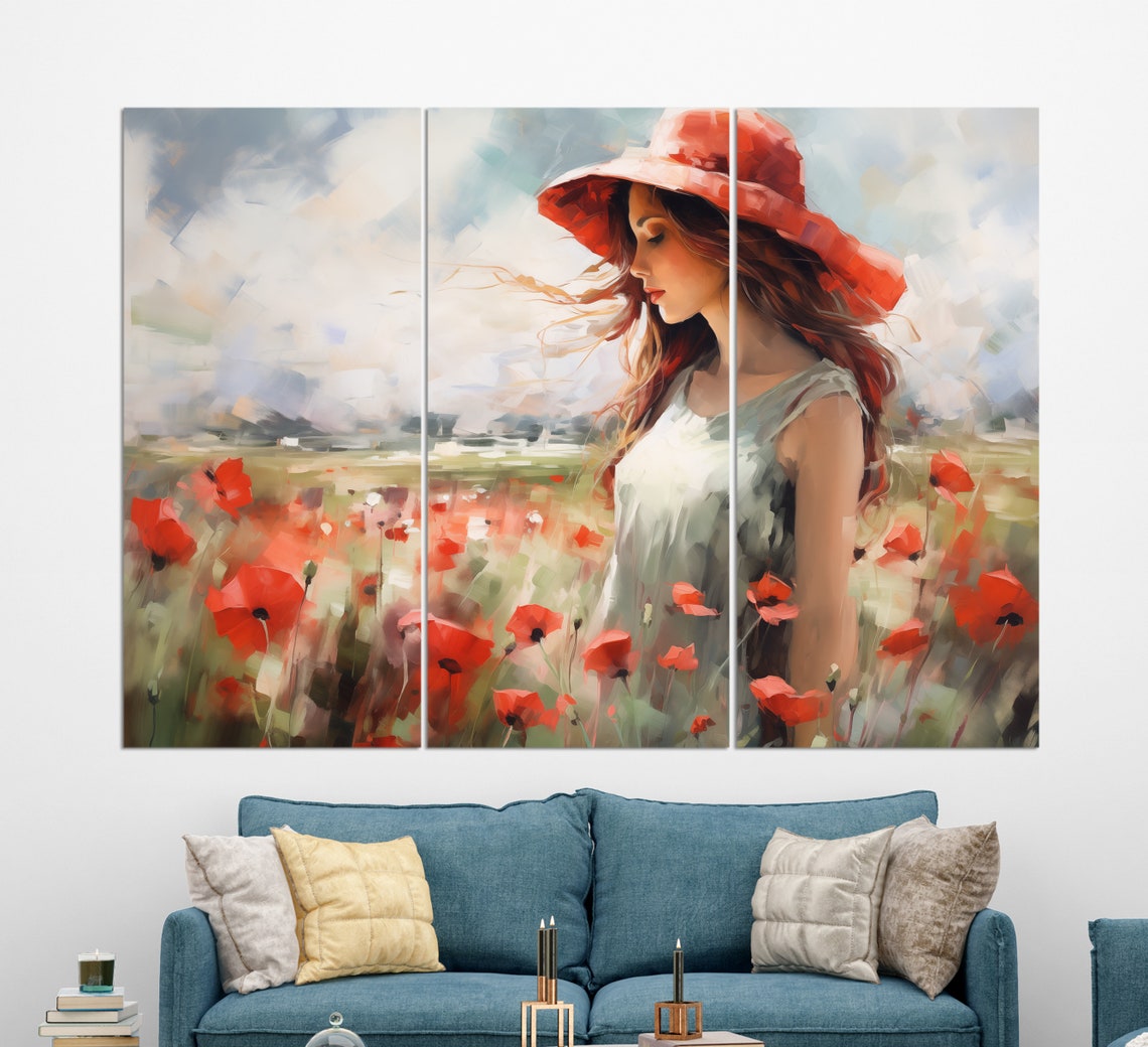 Beautiful Girl In Red Hat Walking In Poppy Field Painting Print Poppy Flowers Painting Floral Wall Art Abstract Floral Wall Decor - Image 3