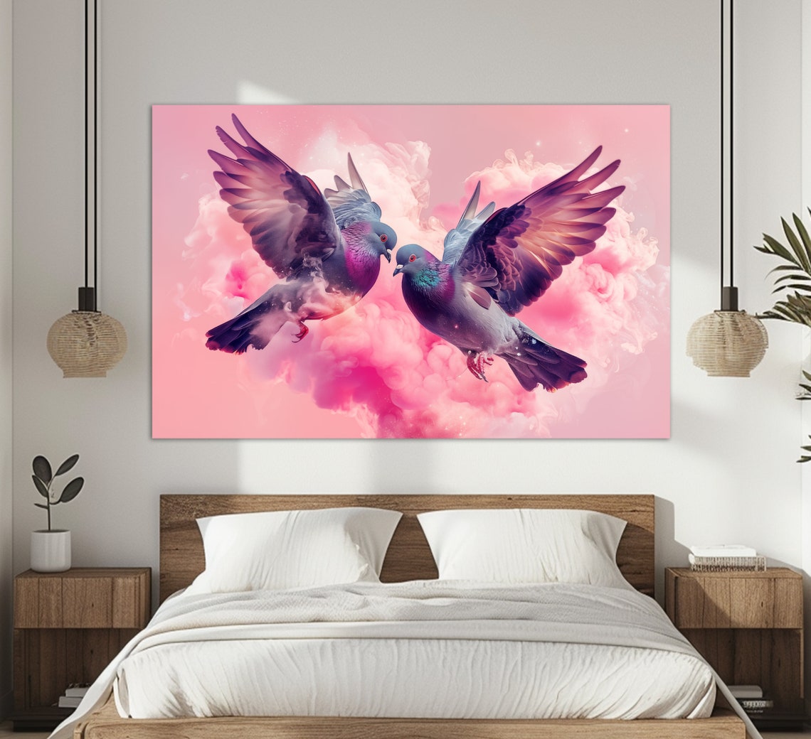 Romantic Lovebirds Pigeons In Flight Pink Smoke Wall Art Poster