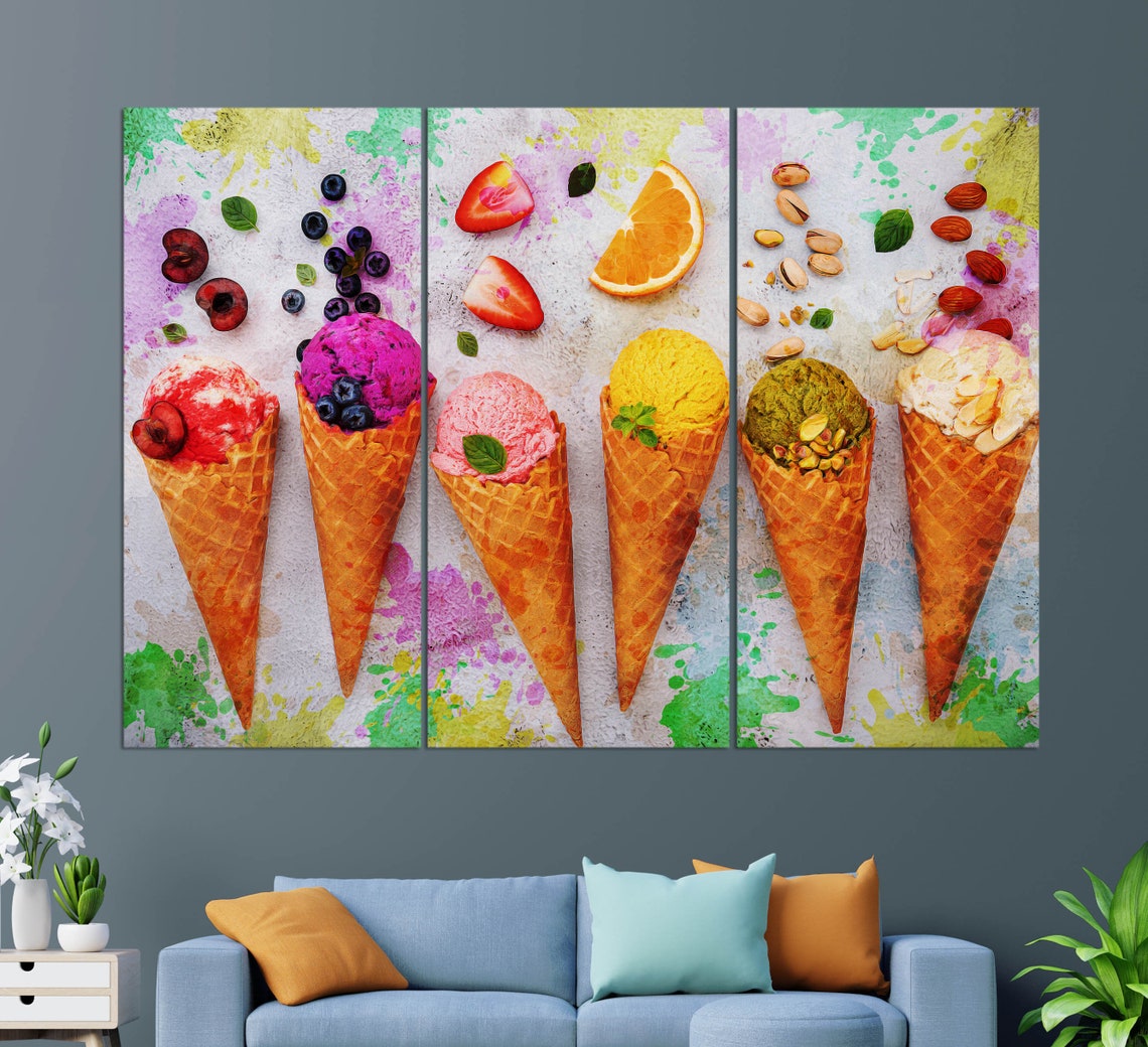 Colorful Ice Cream Cones Fruit Toppings Fun Kitchen Diner Wall Art