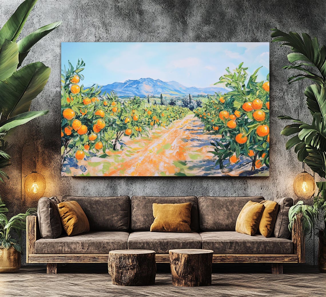 Spain Orange Orchard Path Mountain View Oil Painting Travel Poster