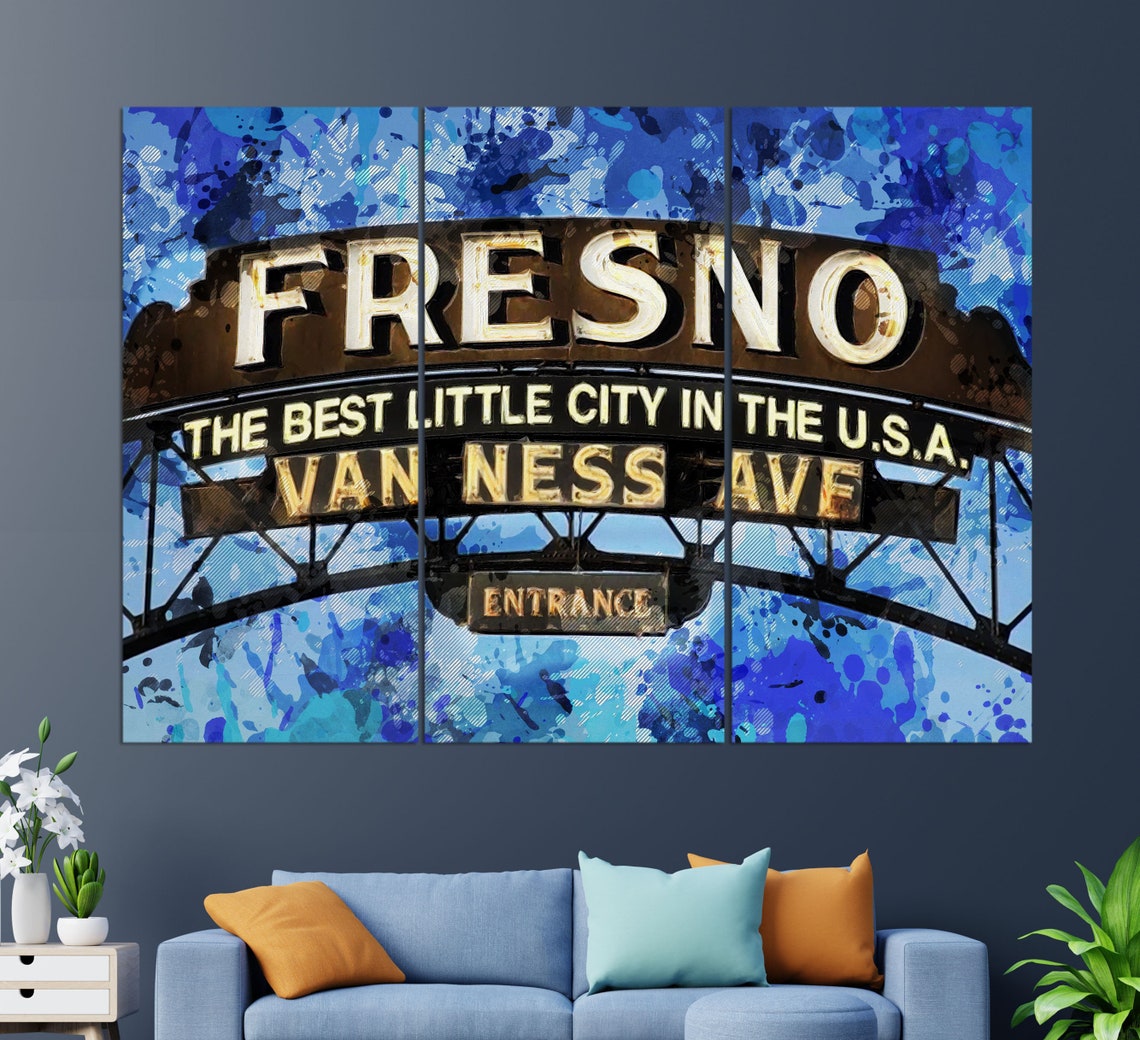 Fresno Van Ness Avenue Entrance Arch Sign Blue Splash Poster - Image 3