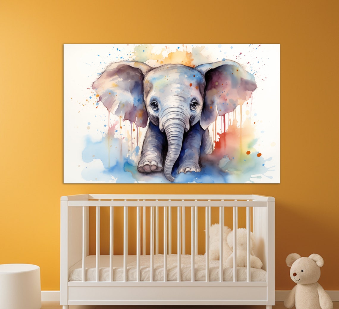 Cute Baby Elephant Watercolor Splashes Nursery Kids Wall Art