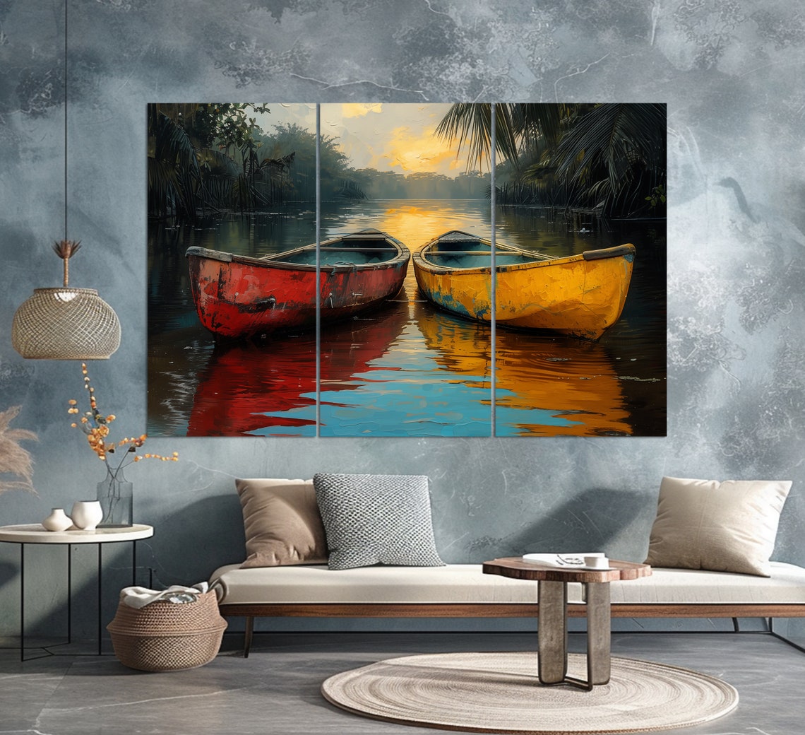 Old Boats On Tropical Lake Print Kayaks Painting Scenic Tropical Landscape Poster Fisherman Gift Boats Wall Art Travel Wall Art - Image 3