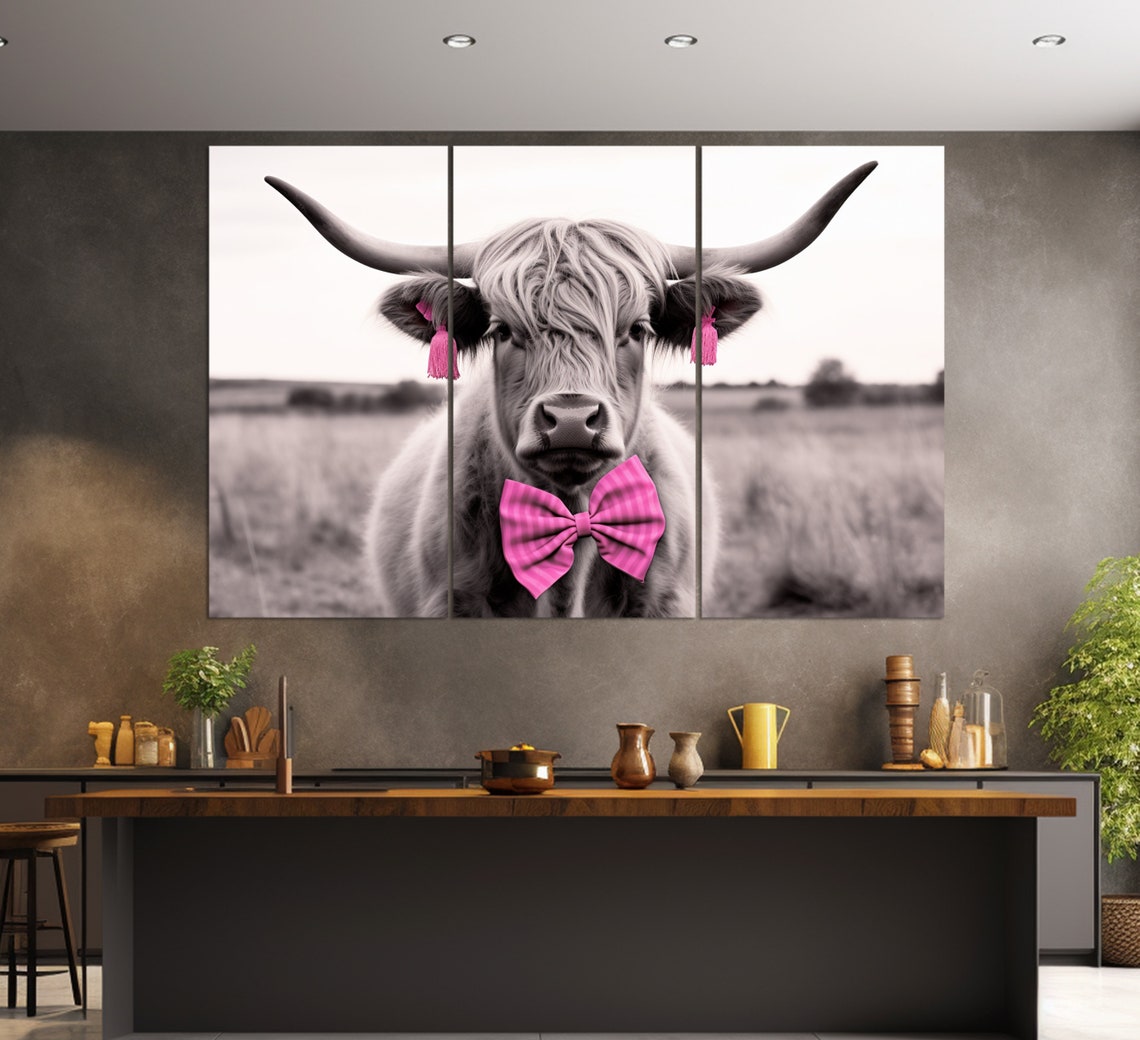 Highland Cow Pink Bow Tie Tassel Earrings Funny Animal Poster - Image 3