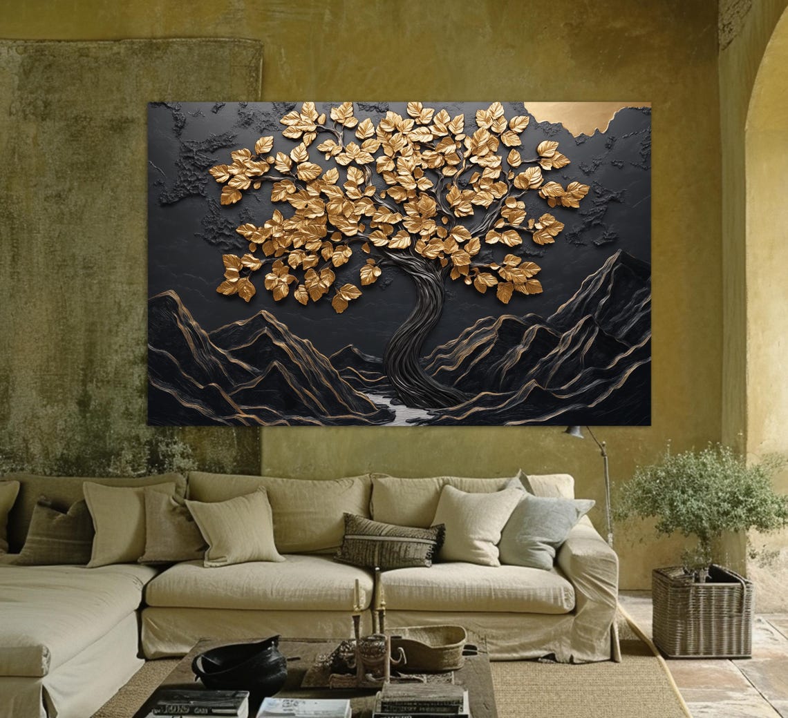 Golden Tree Of Life On Black Background Luxury 3D Textured Art Poster