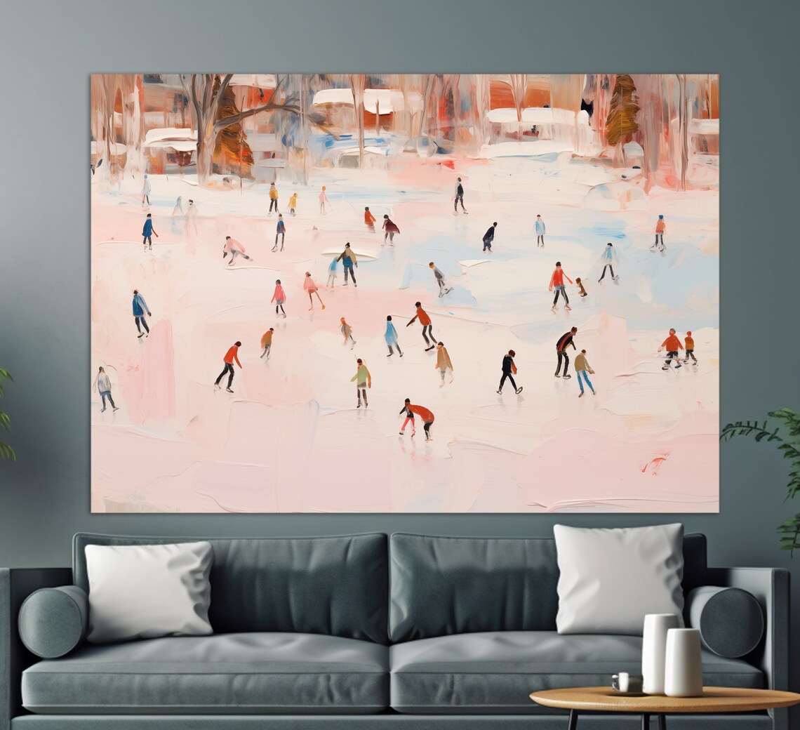 Vintage Figure Skating Winter Pond Ice Skaters Retro Snowy Art Poster