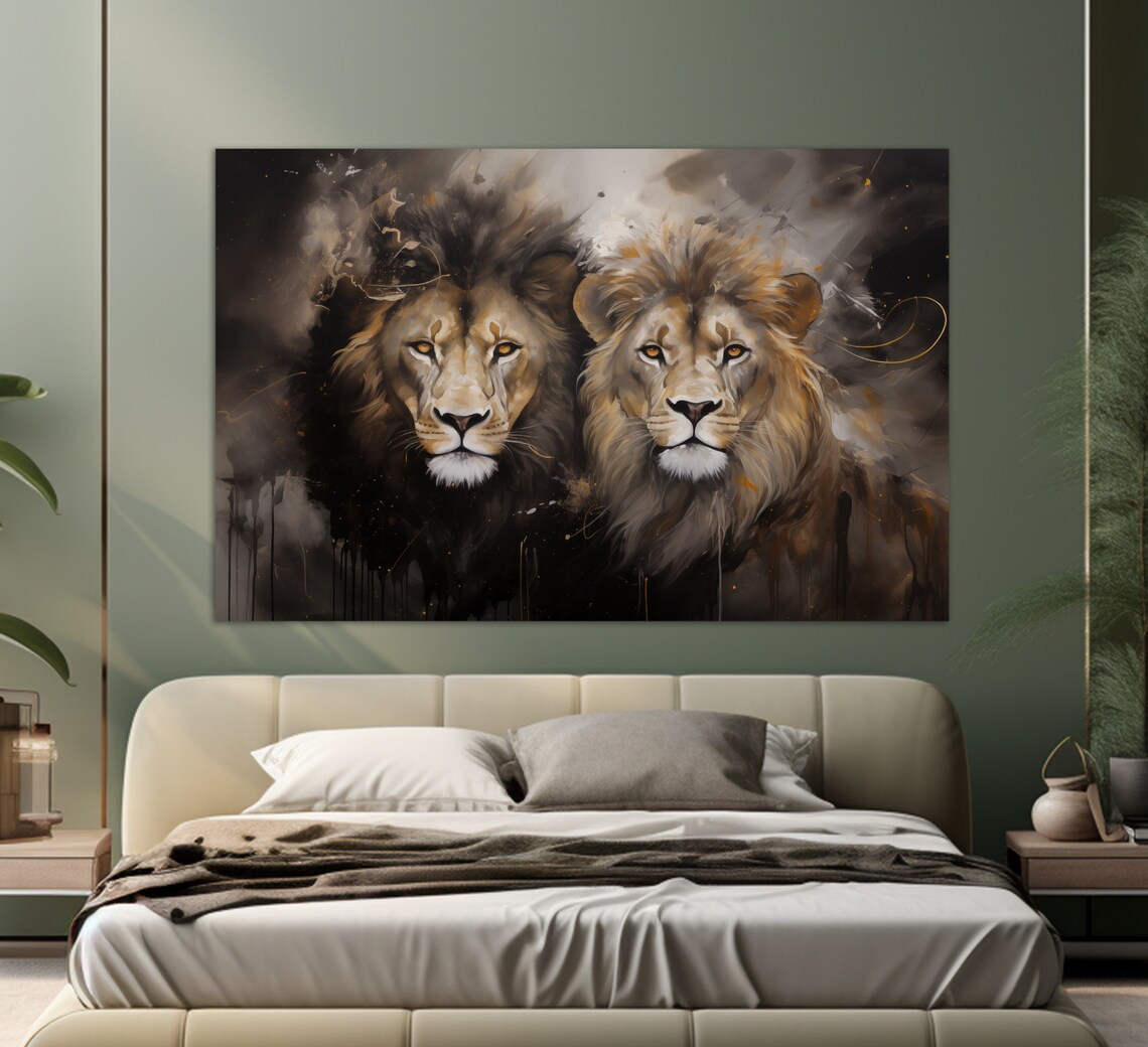 Two Male Lions Black Gold Abstract Portrait Majestic Wildlife Wall Art - Image 3