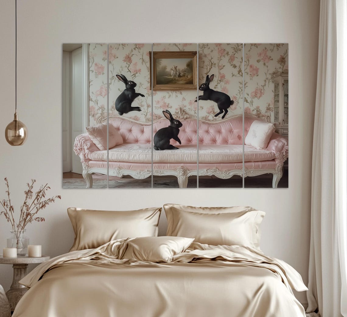 Cute Black Rabbits Jumping On Pink Vintage Sofa Nursery Wall Art - Image 2