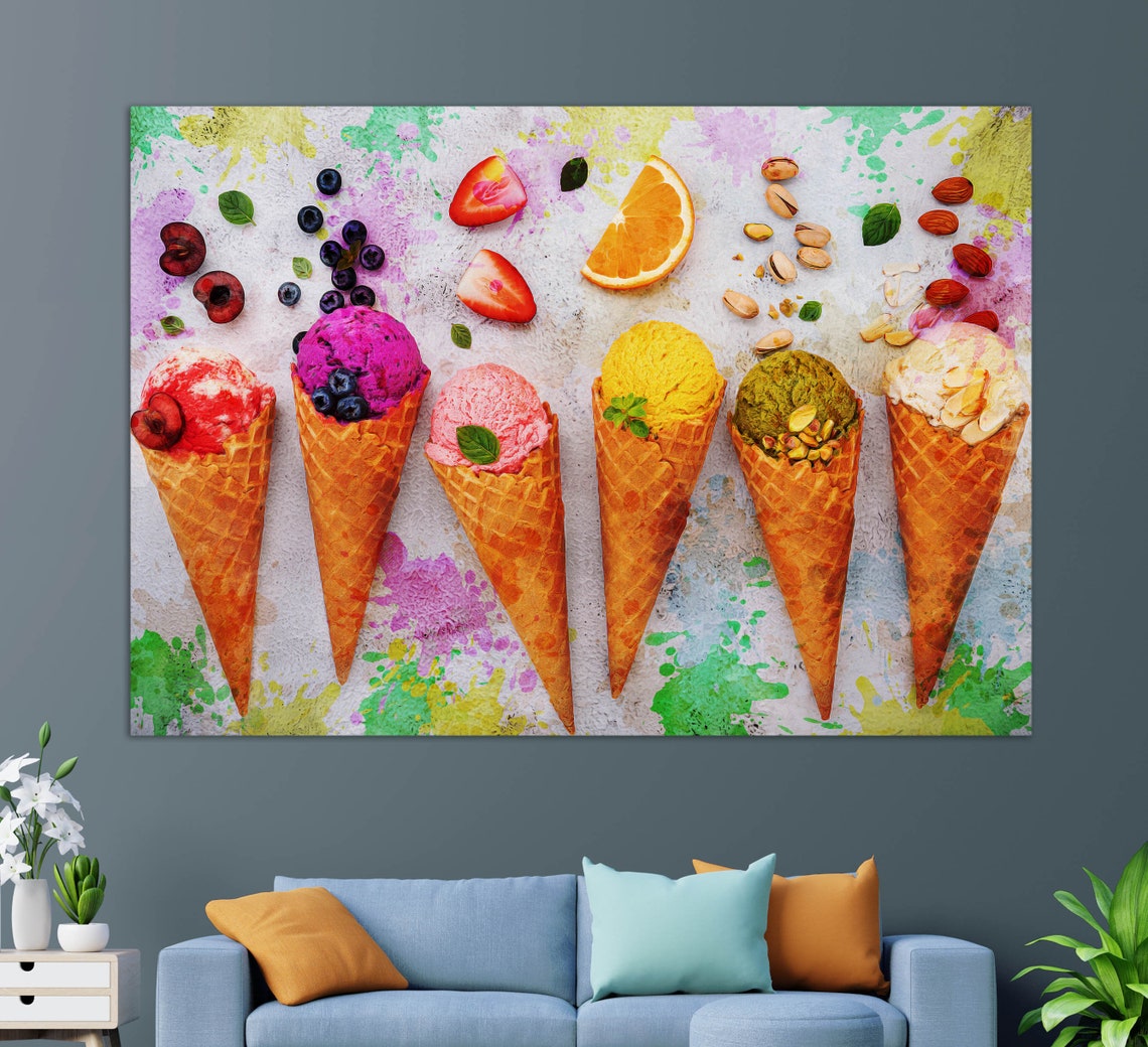 Colorful Ice Cream Cones Fruit Toppings Fun Kitchen Diner Wall Art - Image 3