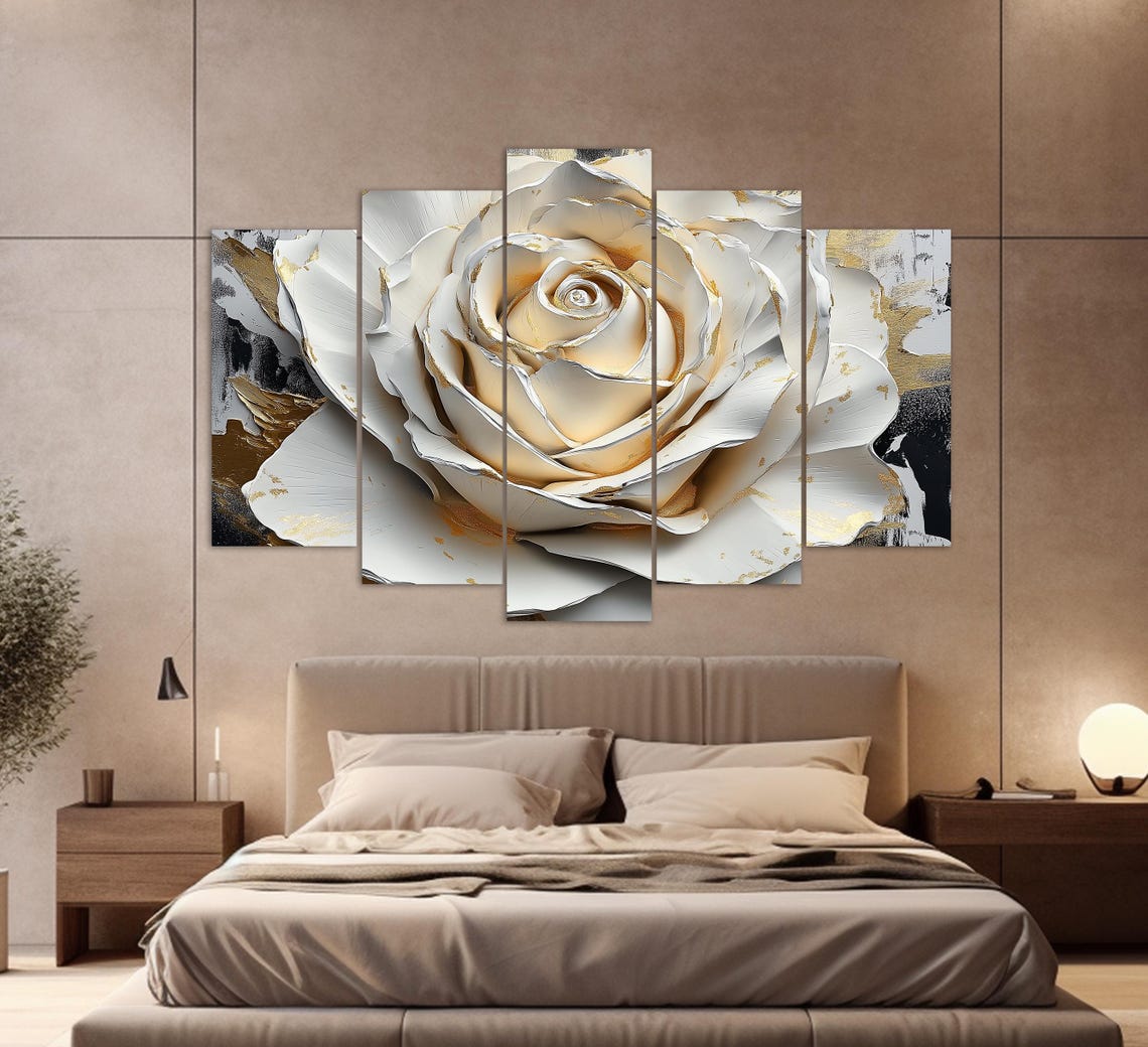 Abstract White Rose Gold Black Brushstroke Textured Floral Art Print - Image 2