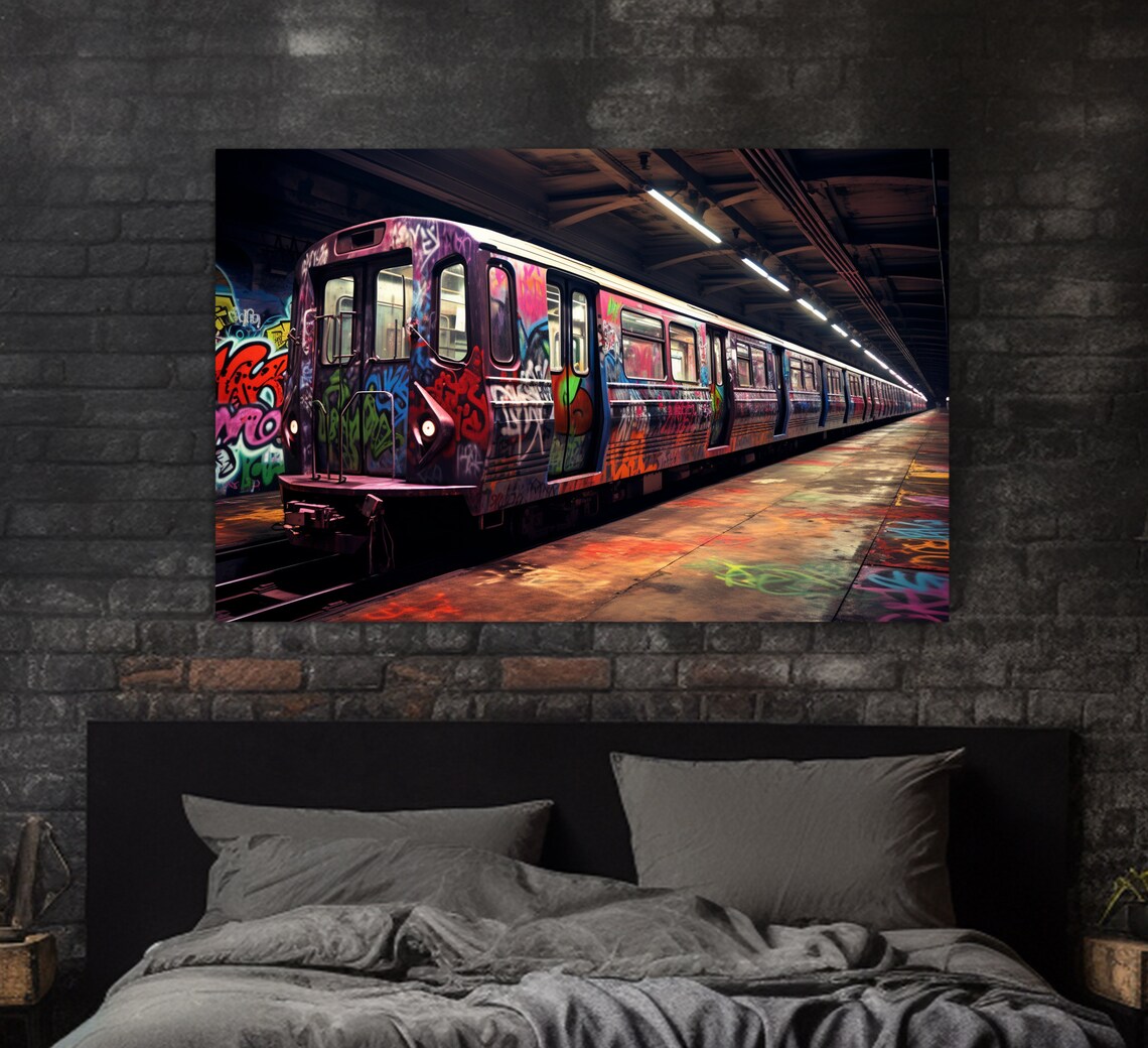 Graffiti Subway Train Station Urban Street Art Night Neon Wall Art - Image 2