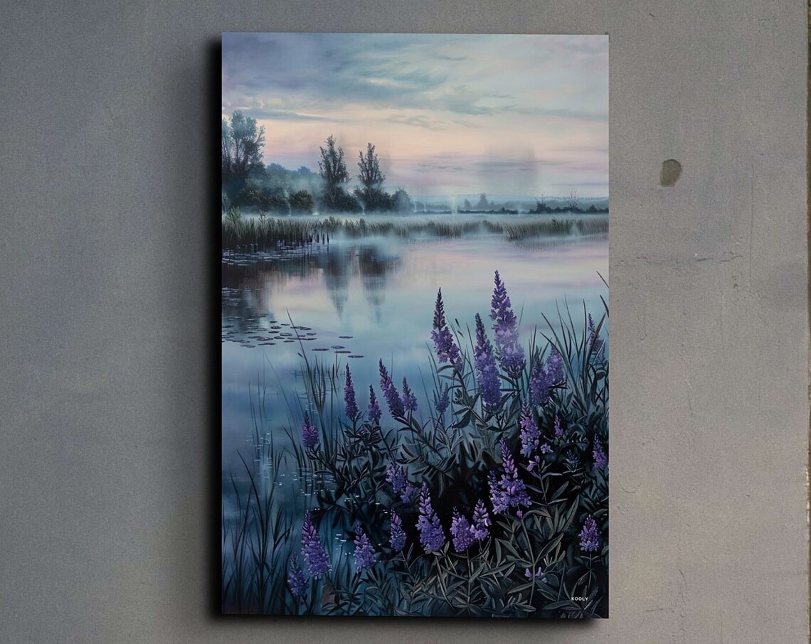 Serene Lake With Purple Thistles, Tranquil Art Print