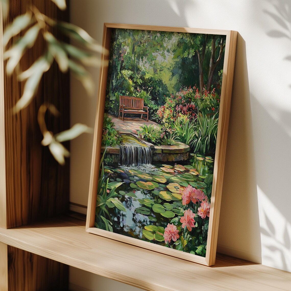 English Cottage Garden Pond Waterfall Bench Floral Art Poster - Image 3