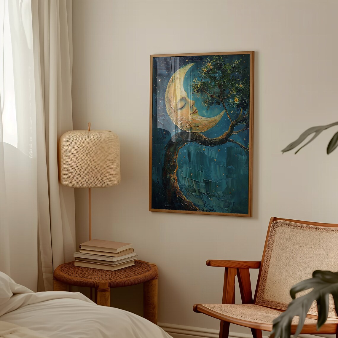 Moon Resting On Tree Branch, Celestial Bedroom Art Print - Image 4