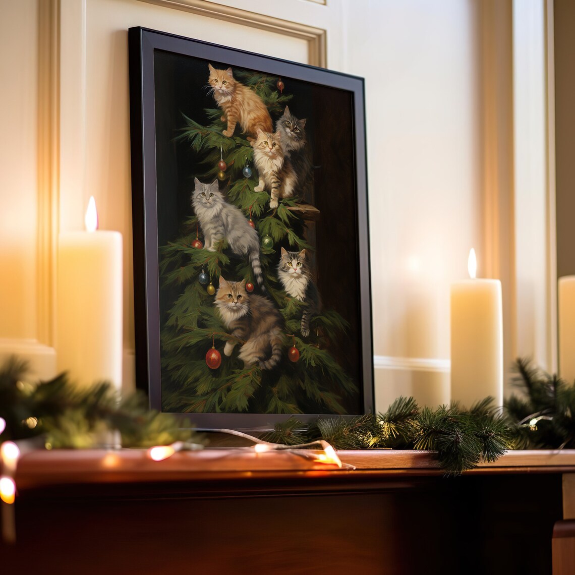 Cats Climbing Christmas Tree Art Print, Festive Humor - Image 2