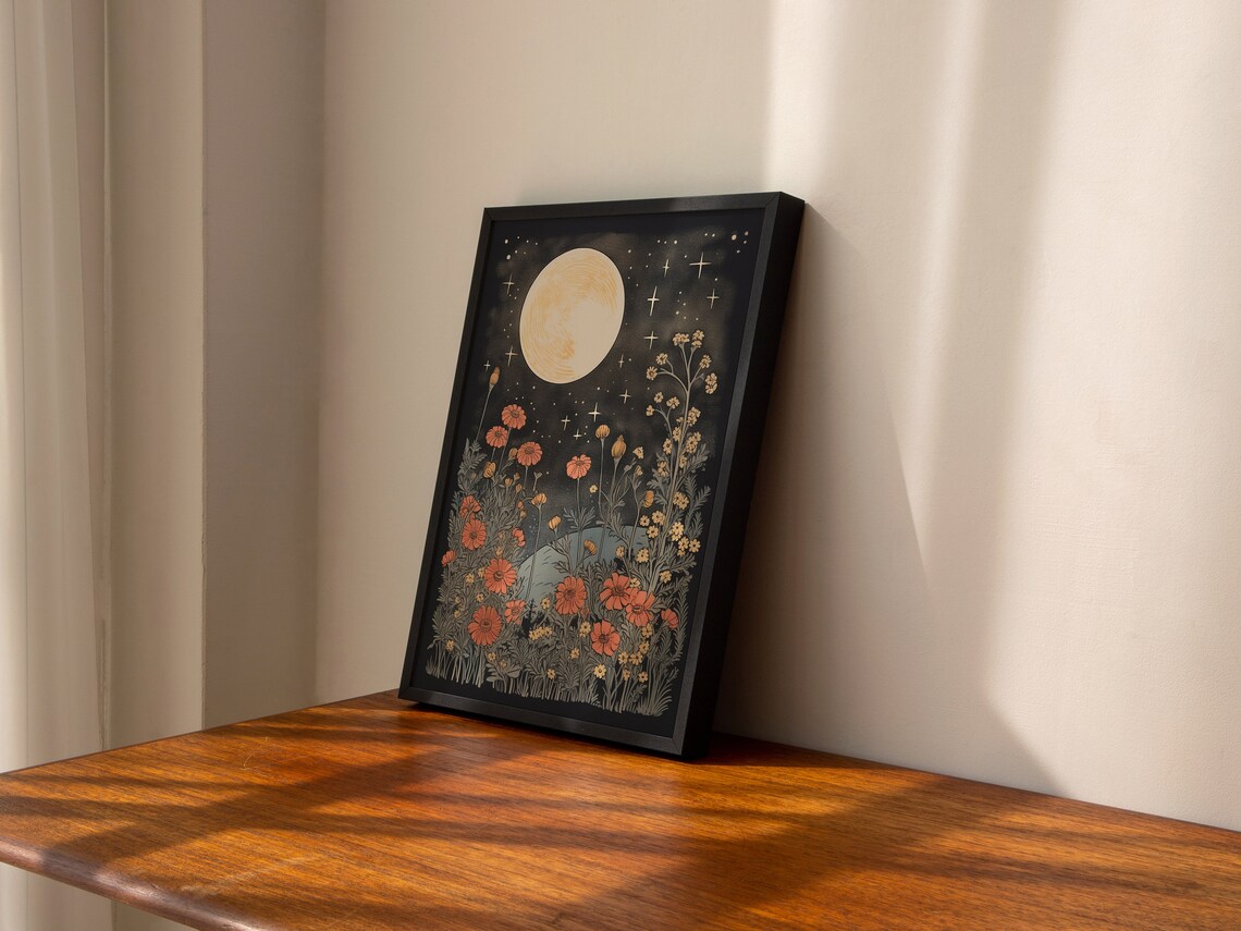 Moon and Flowers Vintage Block Print Art Print - Image 4