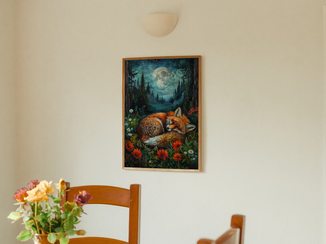 Fox Asleep Under the Full Moon Art Print - Image 3