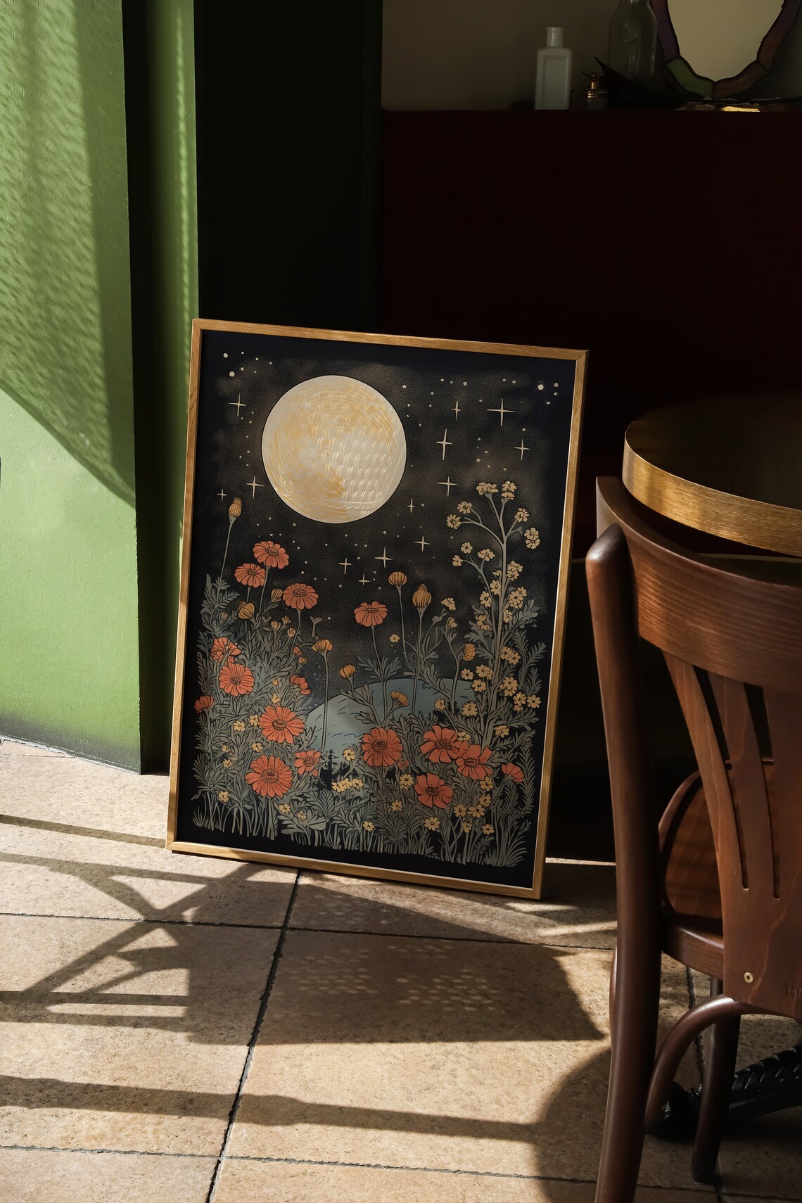 Moon and Flowers Vintage Block Print Art Print - Image 2
