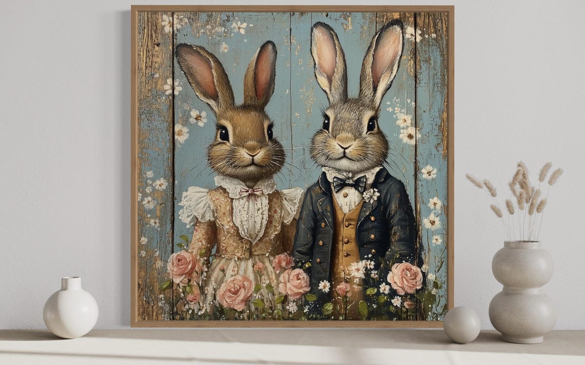 Vintage Victorian Rabbit Couple Wedding Portrait Bunny Art Poster