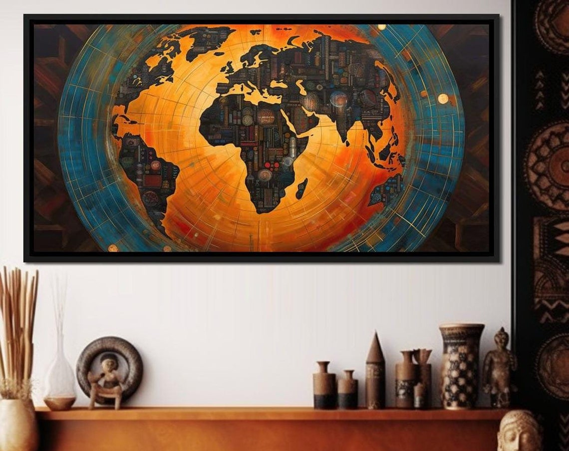 World Map Globe Africa Orange Teal Gold Compass Lines Travel Poster