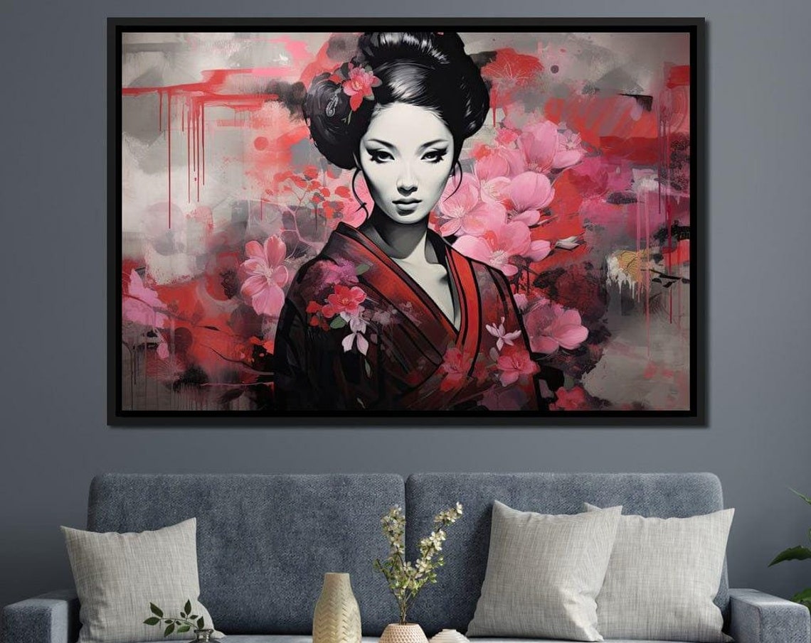 Geisha Cherry Blossom Crimson Kimono Night Floral Fantasy Wall Art