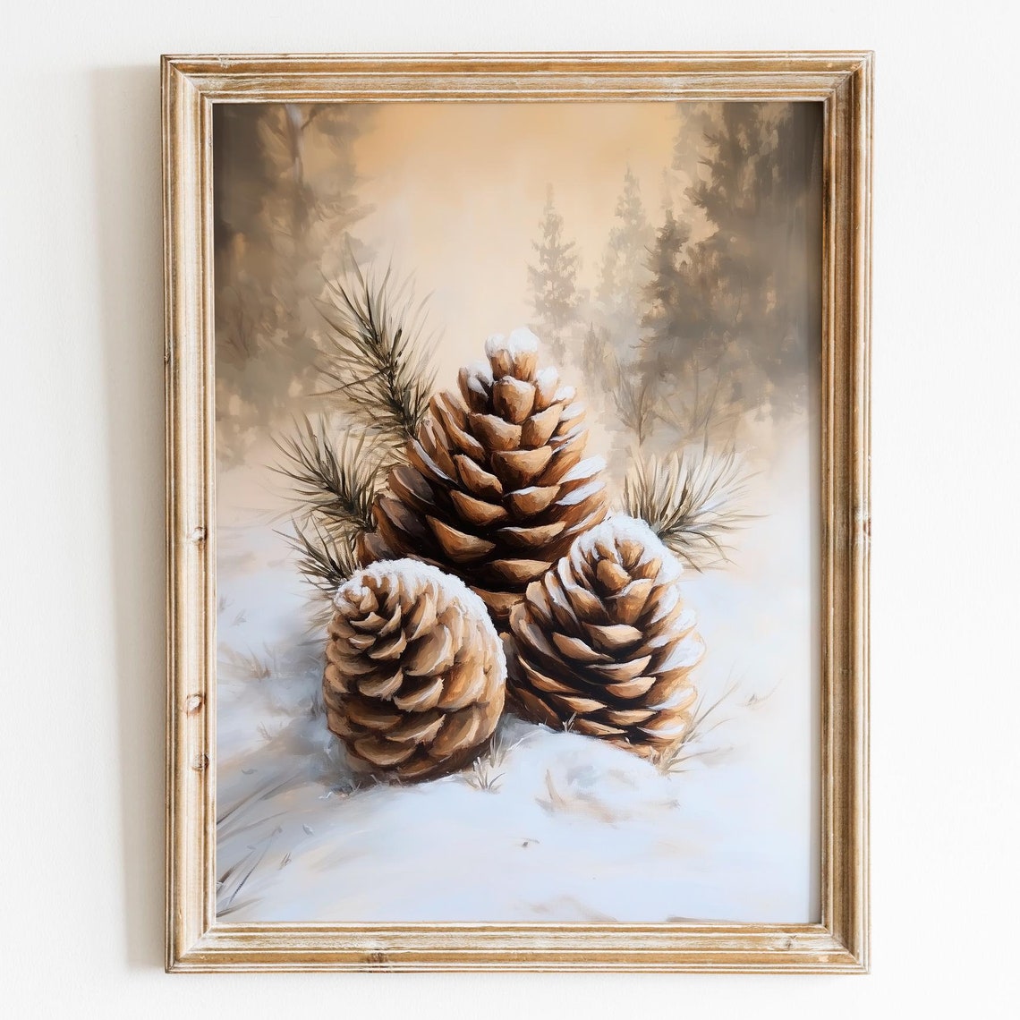 Snowy Pinecones Winter Forest Still Life Rustic Oil Painting Print
