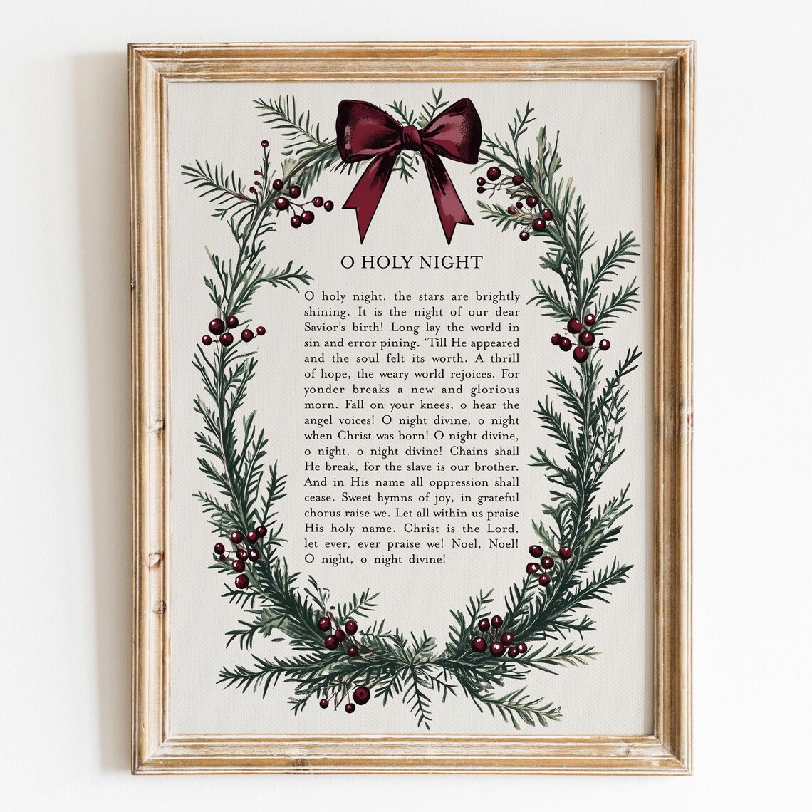 O Holy Night Christmas Hymn Lyrics Pine Wreath Burgundy Bow Print