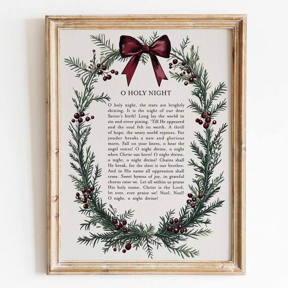 O Holy Night Christmas Hymn Lyrics Pine Wreath Burgundy Bow Print