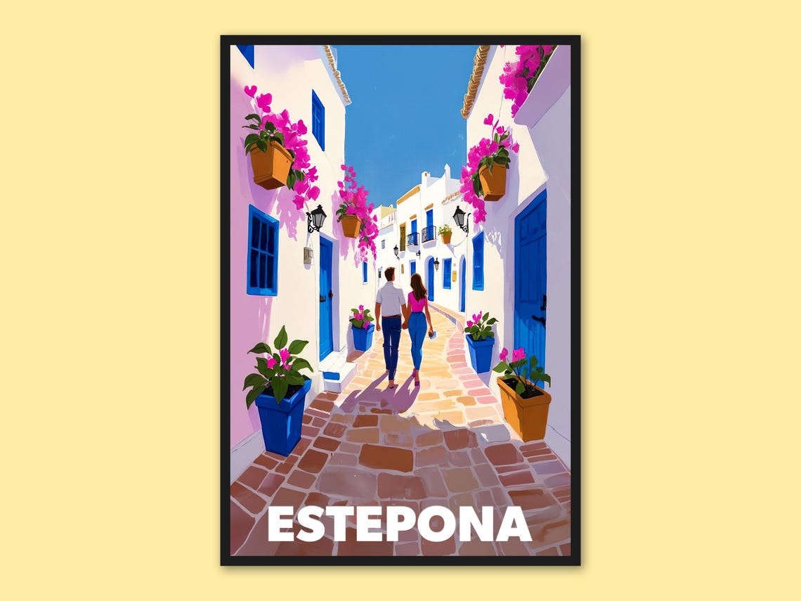 Estepona Spain White Village Street Couple Stroll Travel Poster