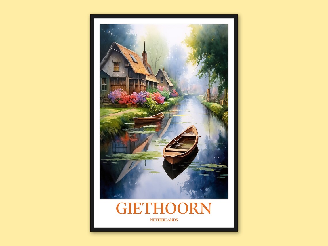 Giethoorn Netherlands Canal Boats Water Village Travel Poster Art