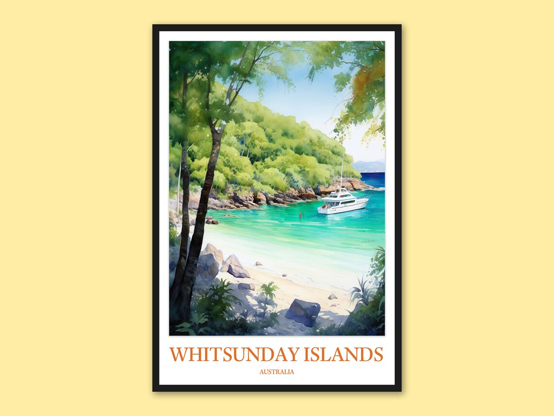 Whitsunday Islands Australia Watercolor Beach Cove Yacht Travel Poster