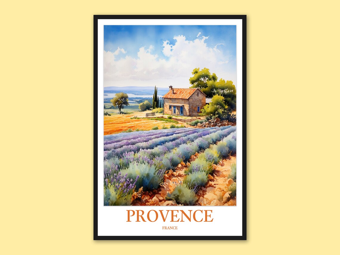 Provence Lavender Field Stone Farmhouse Watercolor Travel Poster