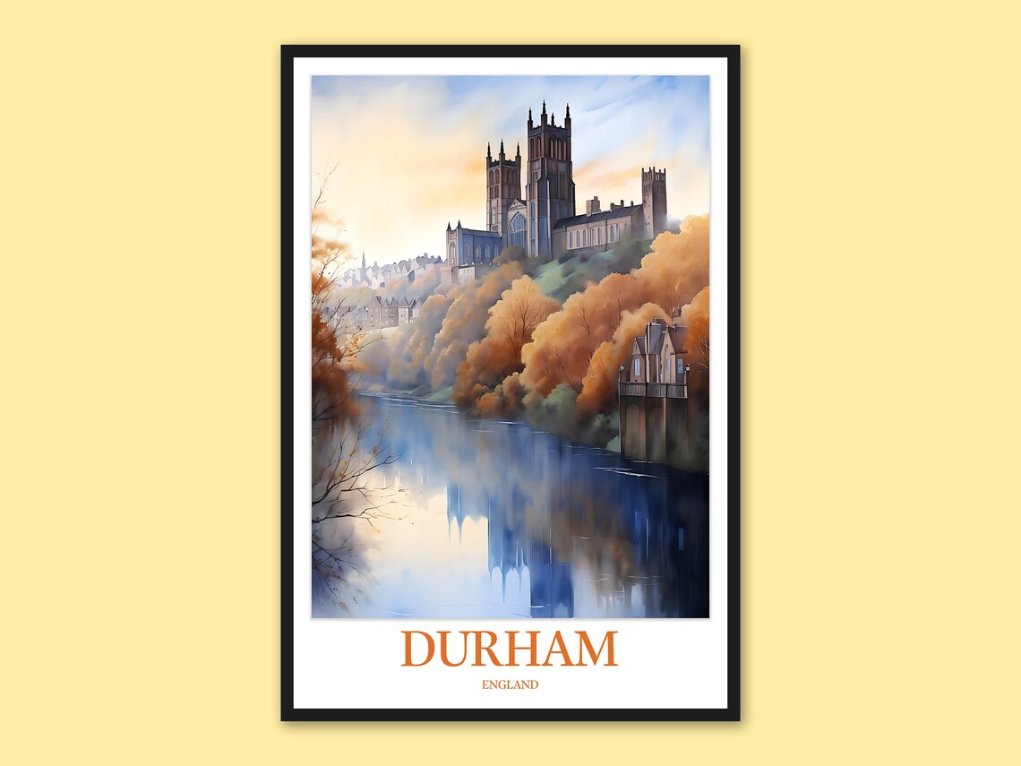 Durham Cathedral River Wear Autumn Sunset Golden Watercolor Travel Poster