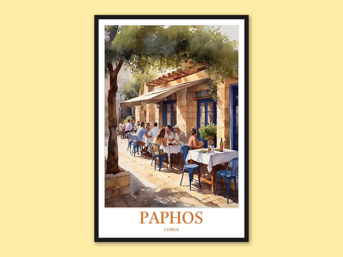 Paphos Cyprus Old Town Taverna Outdoor Dining Watercolor Poster