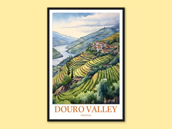 Douro Valley Portugal Golden Terraced Hills Watercolor Travel Poster