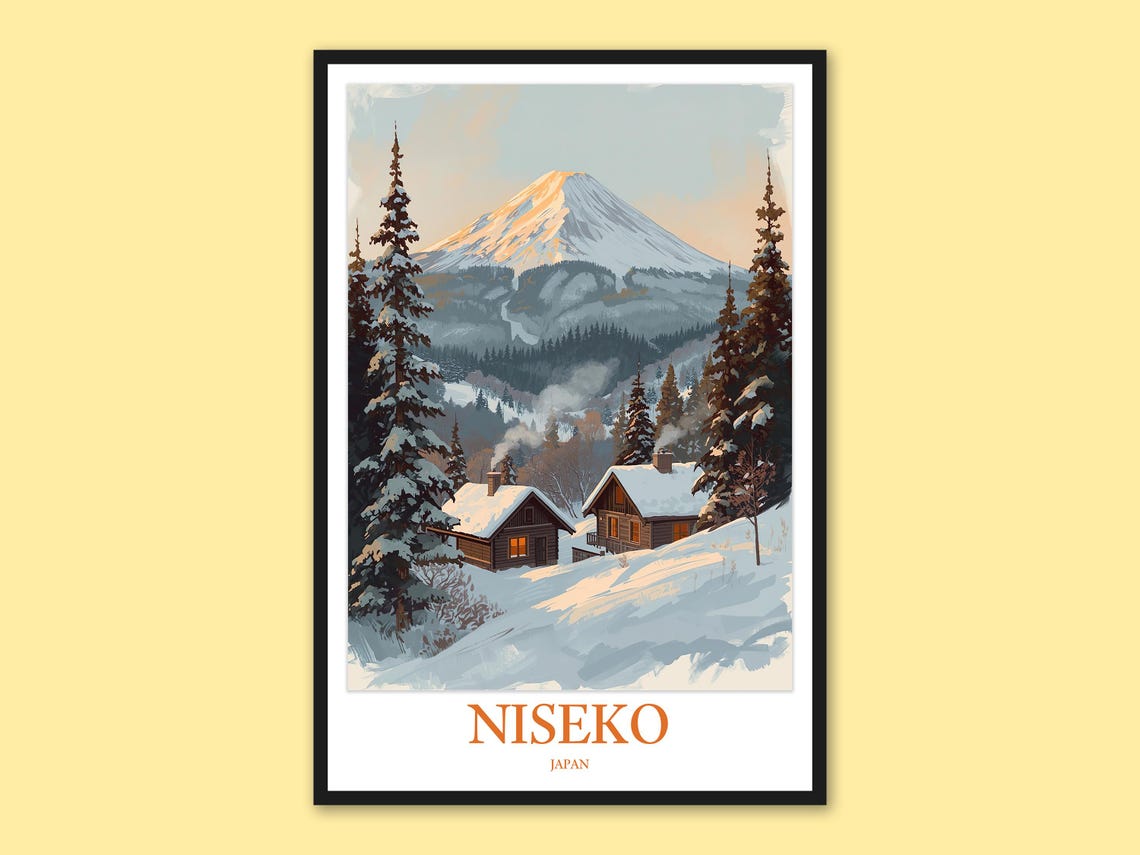 Niseko Japan Mount Yotei Rising Above Snowy Cabins Winter Poster