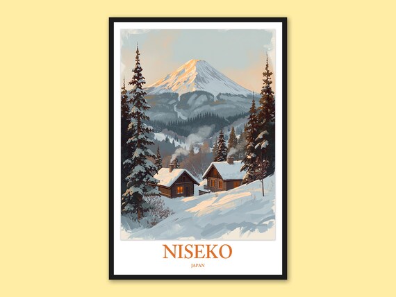 Niseko Japan Mount Yotei Rising Above Snowy Cabins Winter Poster