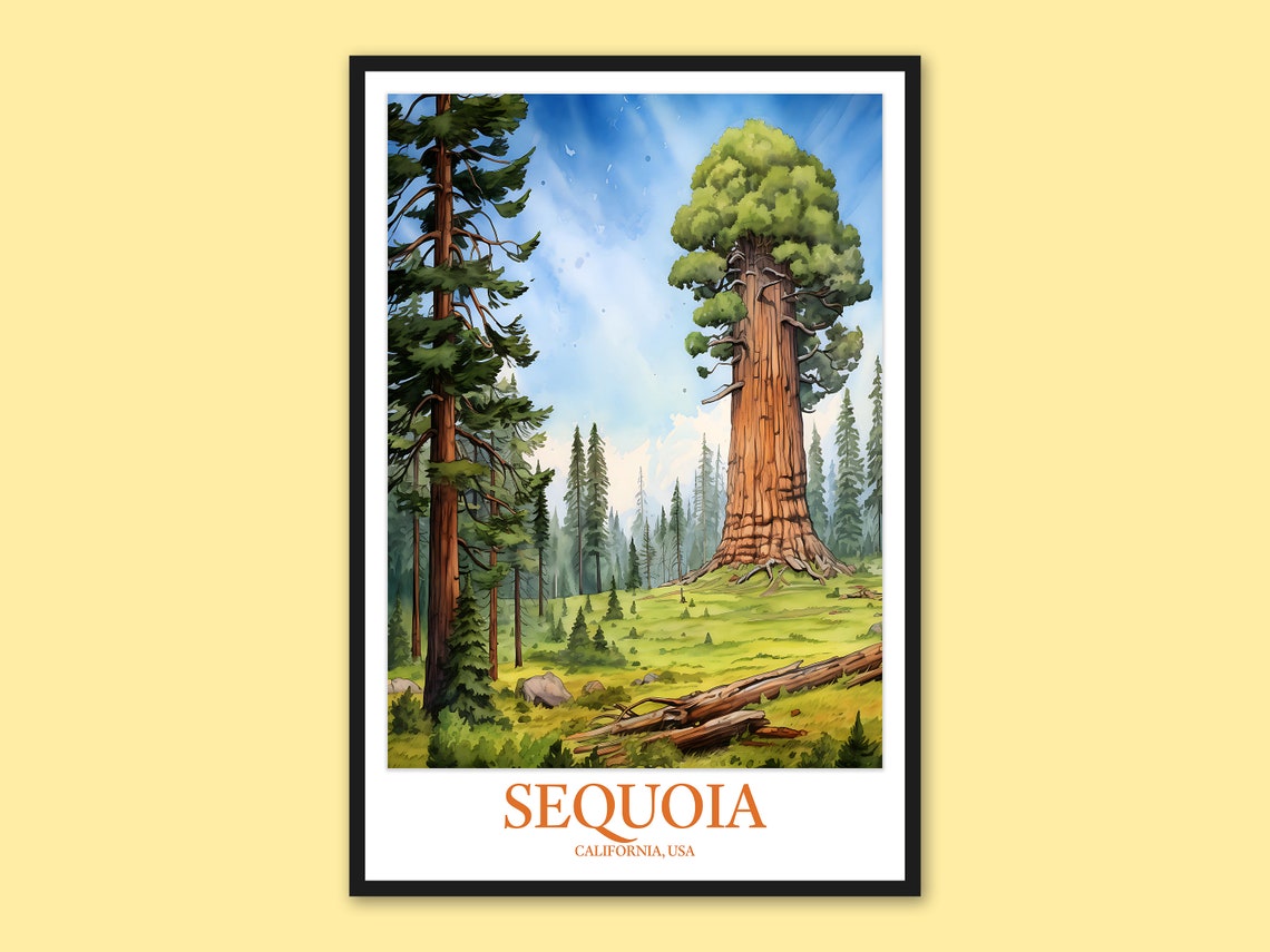 Sequoia National Park Watercolor Giant Redwood Forest Travel Poster