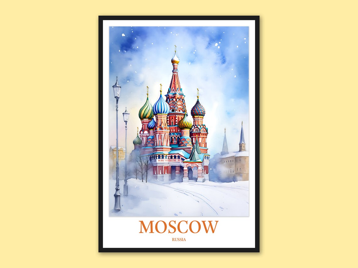 Moscow Saint Basil's Snowy Lampposts Watercolor Travel Poster