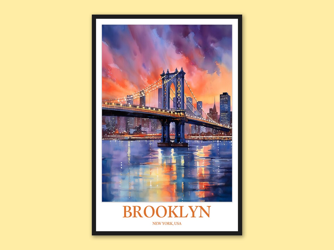 Brooklyn Bridge Sunset Manhattan Skyline New York Travel Poster