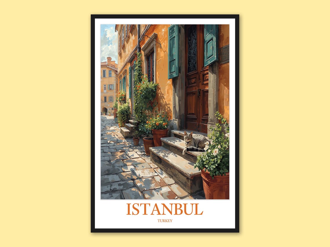 Istanbul Sunlit Cobblestone Alley Cat Flowers Doorway Poster