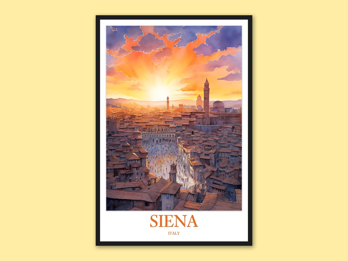 Siena Italy Piazza del Campo Sunset Watercolor Travel Poster