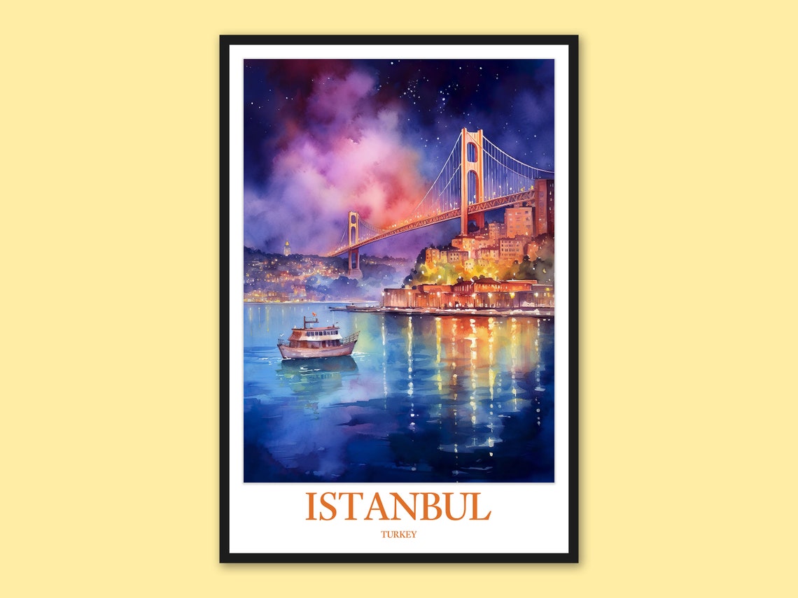 Istanbul Bosphorus Bridge Night Skyline Watercolor Art Poster