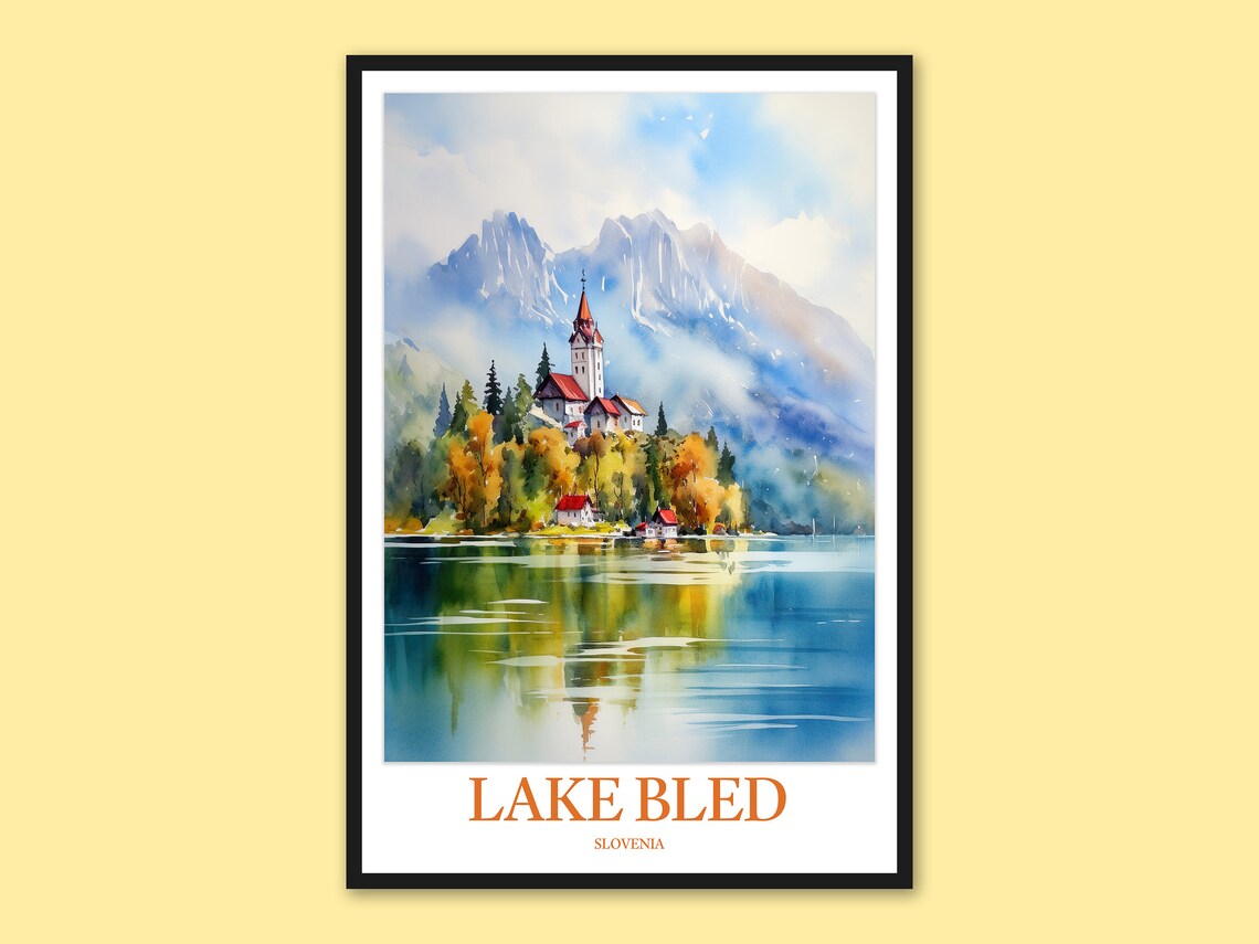 Lake Bled Slovenia Island Church Alpine Watercolor Travel Poster