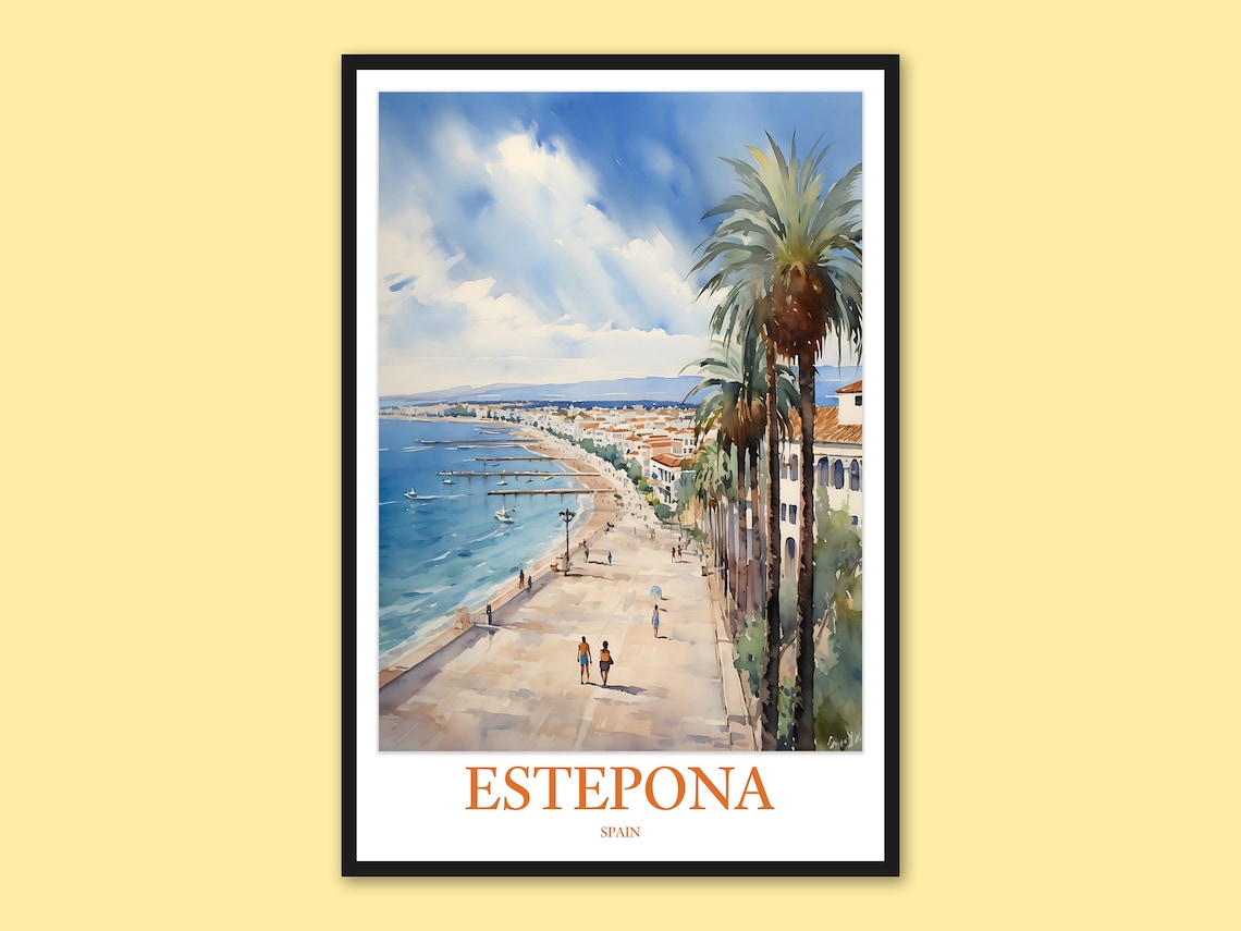 Estepona Spain Palm Promenade Beach Vintage Travel Art Poster
