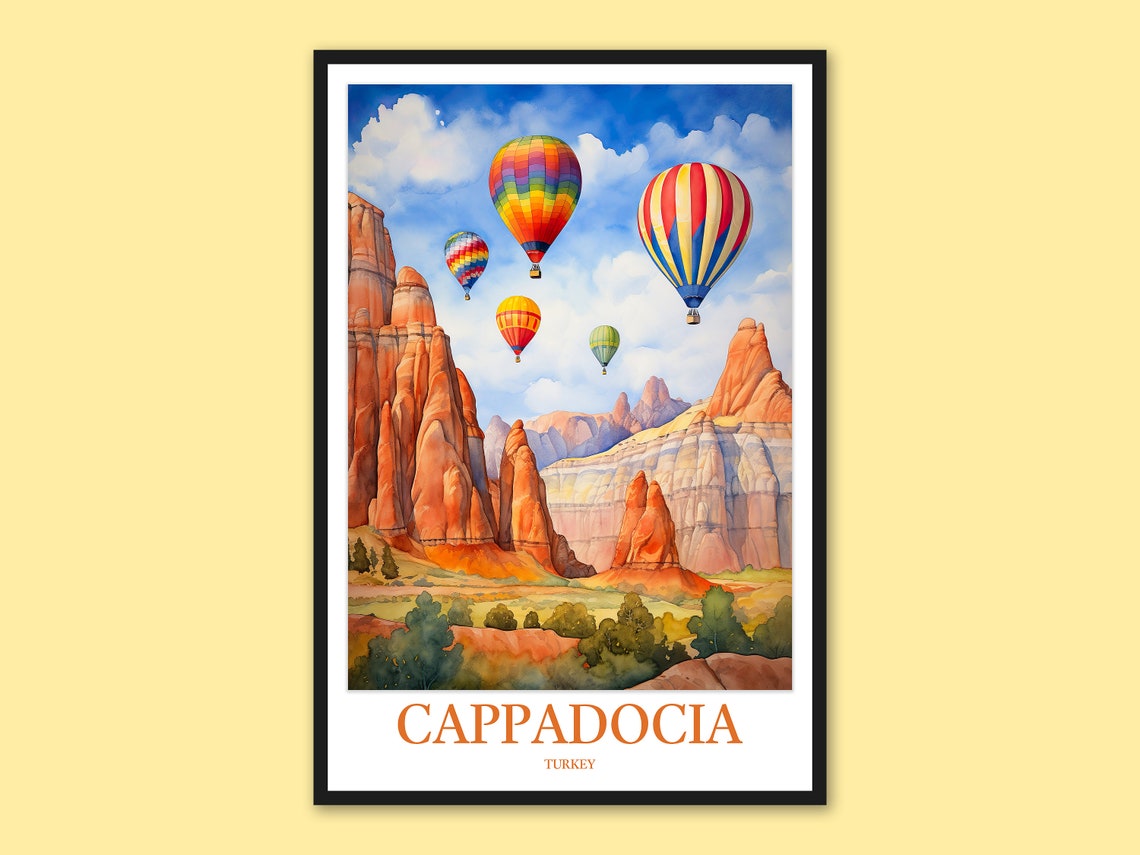Cappadocia Hot Air Balloons Over Fairy Chimneys Daytime Travel Poster